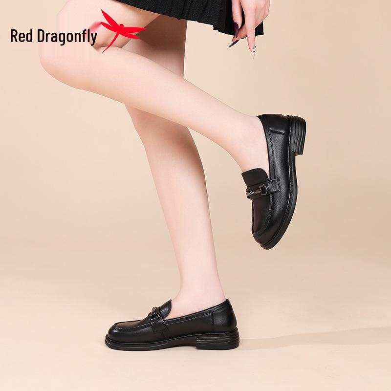 Red Dragonfly Women's Chunky Heel Loafers: Spring/Autumn Black Leather Shoes with Thick Soft Sole for Comfortable Wear