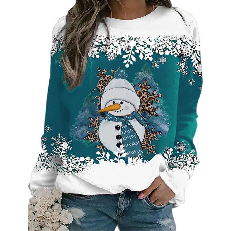 New Christmas 3D snowman print women's loose round neck long sleeved T-shirt