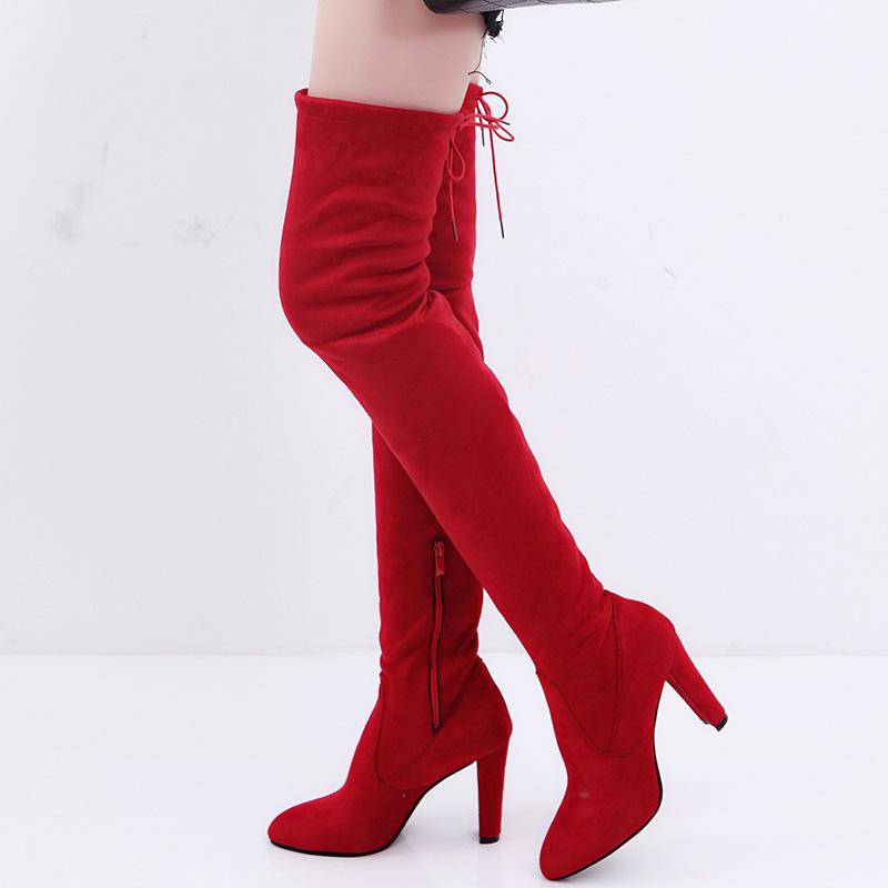 European & American Plus Size Over-the-Knee High Heel Pointed Toe Frosted Zipper Women's Boots for Spring & Autumn Winters