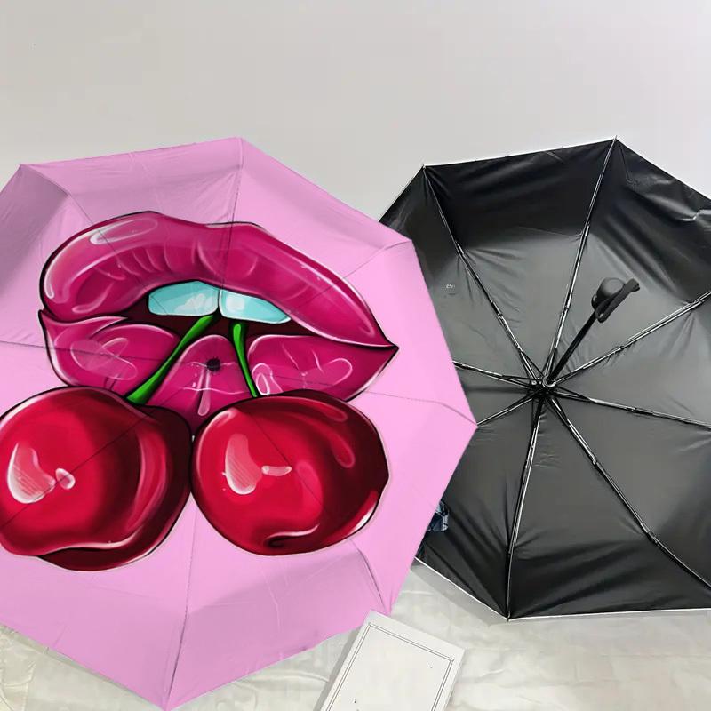 1pc Lips Cherry Automatic Open/Close Umbrella Compact Folding Umbrella with 8-Rib Shaft for Women/Men, Elegant Birthday1122S