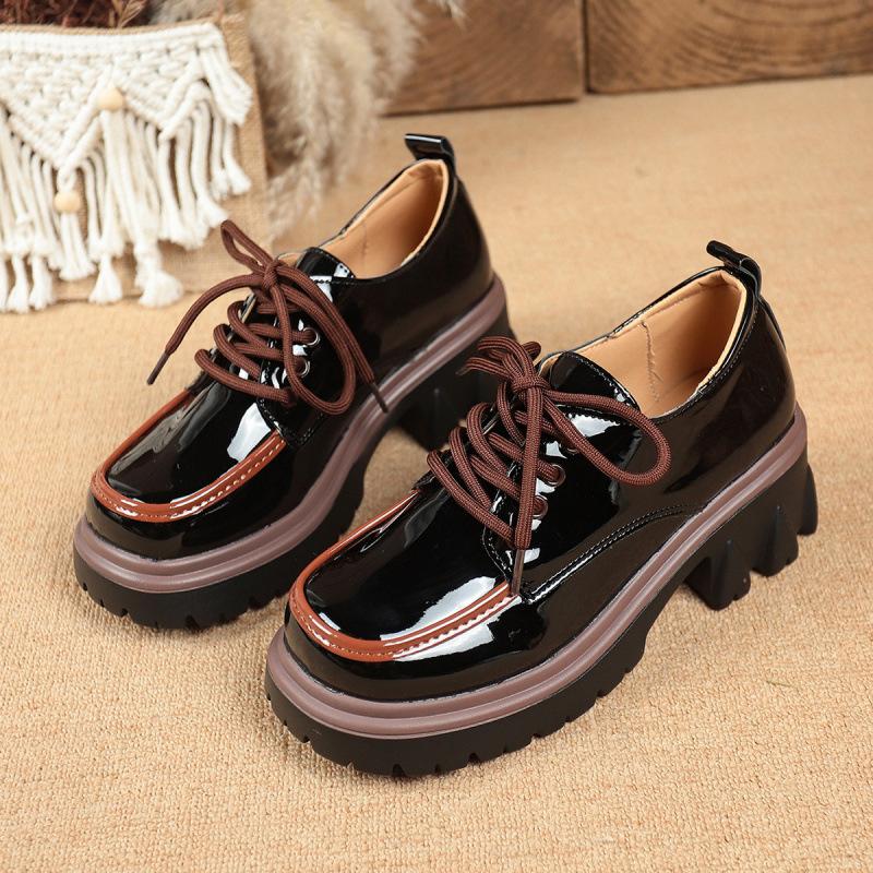 Large size color matching small leather shoes college style thick sole heightening lace-up
