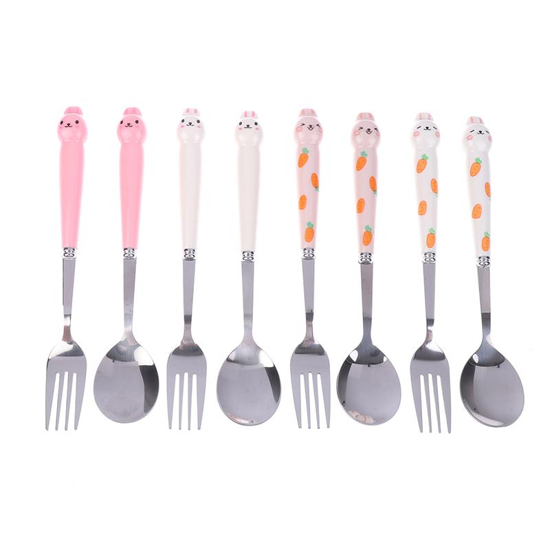 Sada nádobí s kresleným králíkem a lžící a vidličkou z nerezové oceli, hůlky, studentské přenosné nádobí, cestovní příbory s krabičkou