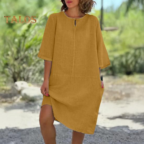 Rochie de vară pentru femei, cu mânecă lungă, cu guler rotund, stil midi, stil vară, vacanță, plajă, rochie de vară