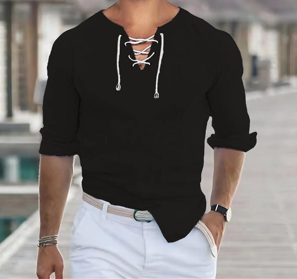 Herren Freizeitshirt Weiß Blau Grau Langarm Einfarbig V-Ausschnitt Frühling und Sommer Freizeit Festival Kleidung Kleidung zum Schnüren