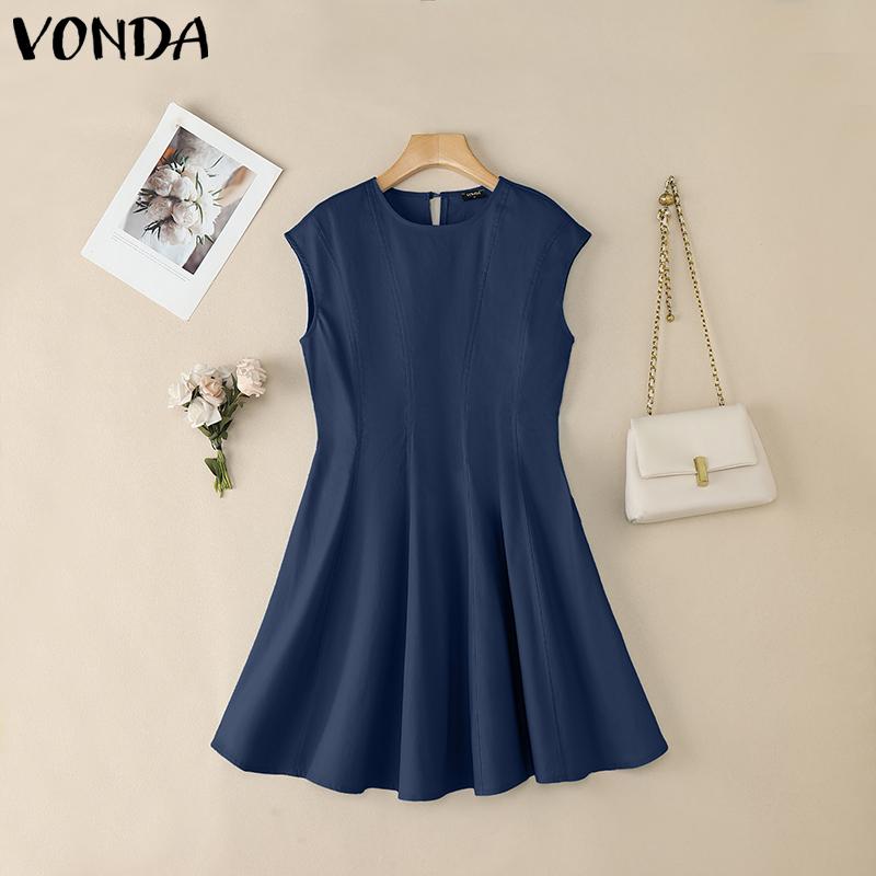 VONDA Elegant Women Casual Round Neck Sleeveless Solid Color Ruffled A-line Dress