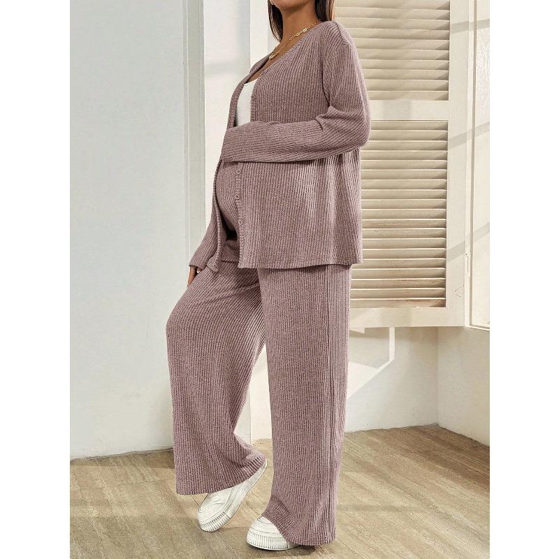 Autumn and Winter Knitted Cardigan Top with Adjustable Waist, Casual Loose Pants, Maternity Suit