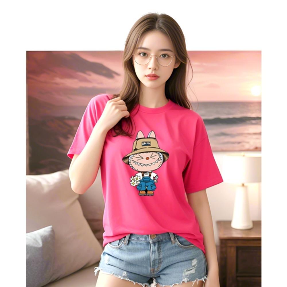 

LABUBU 3D Printed Round Neck Short-sleeved Casual Loose Women s T-shirt S