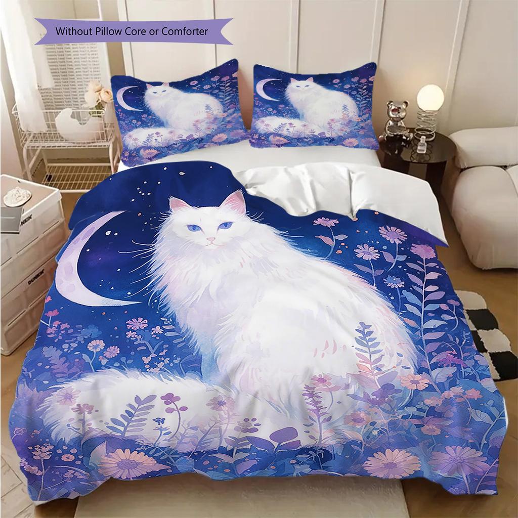 White Cat Pattern Bedding Quilt Set Quilt Cover Pillowcase Home Decoration Birthday Gift (1 * duvet cover + 2 * pillowcase, without core)