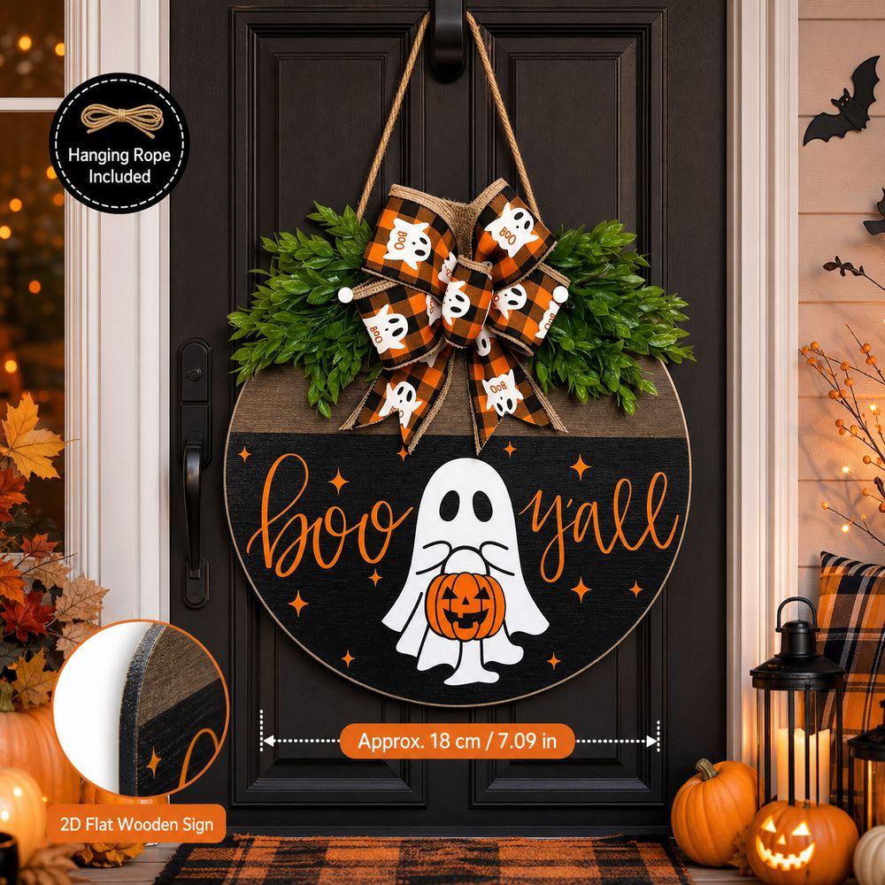 2D Flat Wooden Hanging Door Sign Ghost Round Doorplate Halloween Festival Decoration