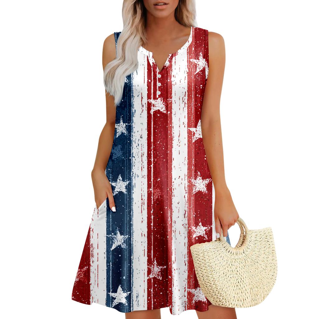 Damen Sommerkleider Lockeres V-Ausschnitt Ärmelloses Sommerkleid Kleid Mit Taschen