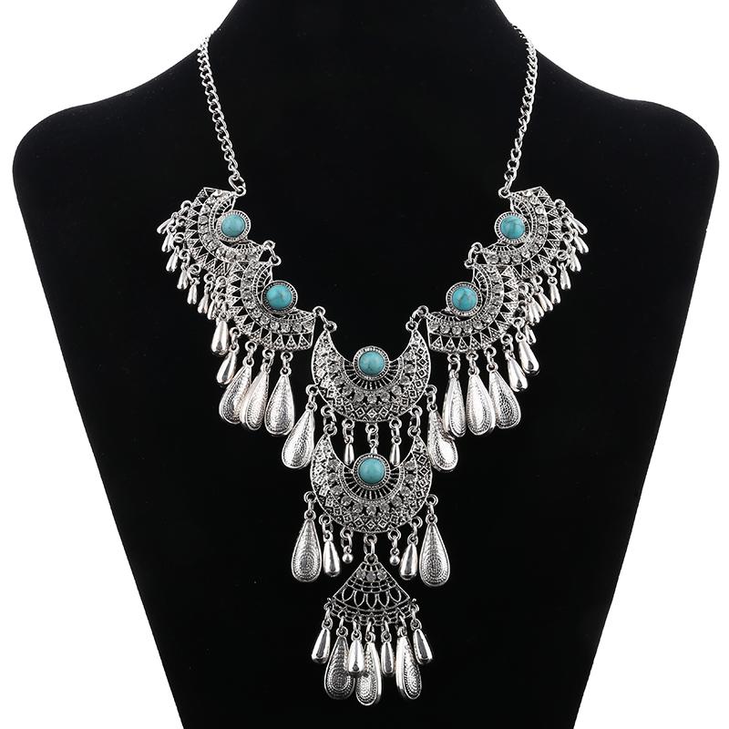 Vintage Ethnic Exaggerated Statement Necklaces Antique Silver Carved Water Drop Tassel Necklaces For Women Boho Jewelry