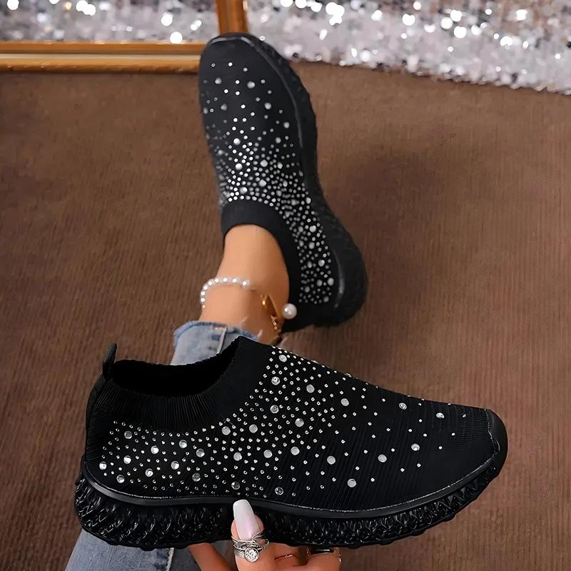 Shiny Black Women Sneakers Breathable Knitted Non Slip Casual Walking Shoes Woman Comfortable Soft Bottom Loafers Flats