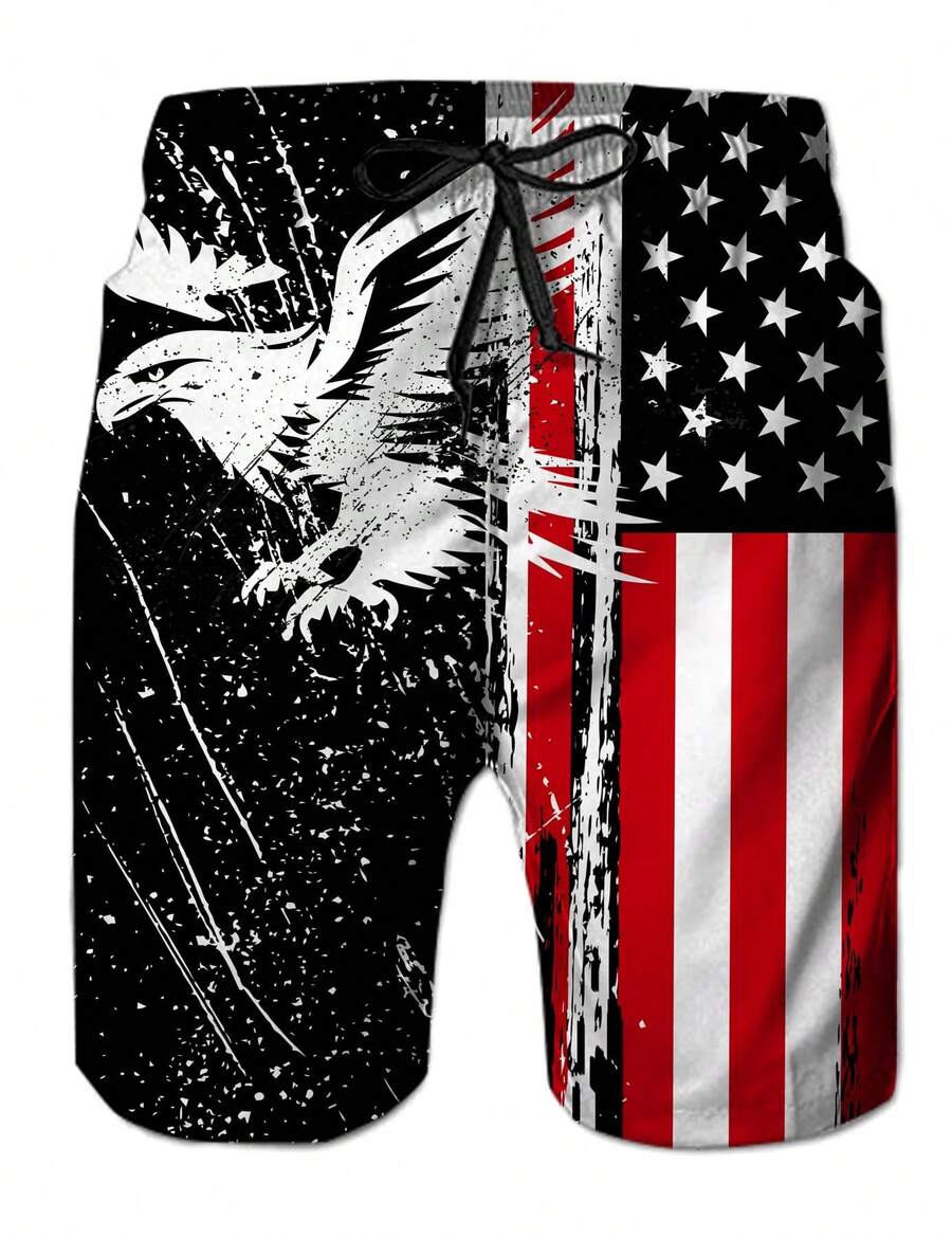 

14th Of July For Mens 3D Print American Flag Men s Allover Graphic Shorts, Soft Knit Casual Beach Shorts, 4-Way Stretch Lounge Wear No Lining S