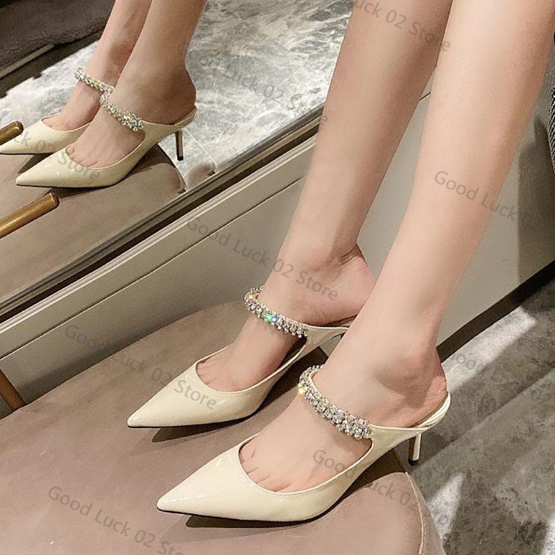 Mules Elegante din Piele Vârf Ascuțit Sandale cu Toc Înalt Stilate Îmbogățite cu Strass Încălțăminte Sofisticată pentru Petrecere și Seară