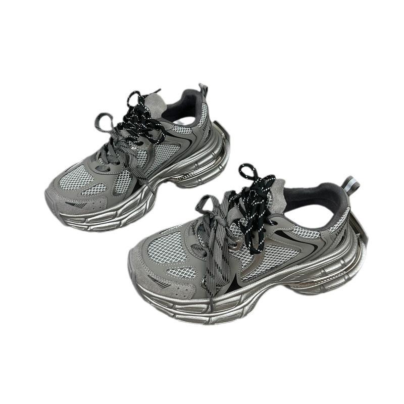 Leather double shoelaces dad shoes women's autumn new mesh breathable lightweight versatile platform casual sports shoes