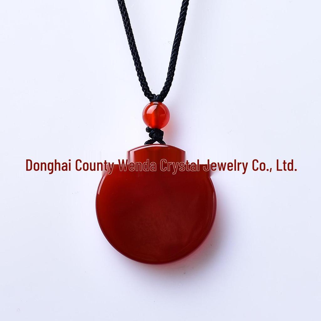 Natural Red Agate Pendant Keychain Charm with Carved Round Tag Necklace