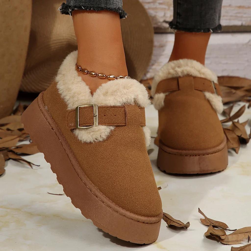 Neue Damen Schuhe Slipper Damen Stiefel Winter Runde Zehenpartie Einfarbig Wildleder Plüsch Warm Mittelhoch Absatz Schneestiefel Schwarz Botas Mujer