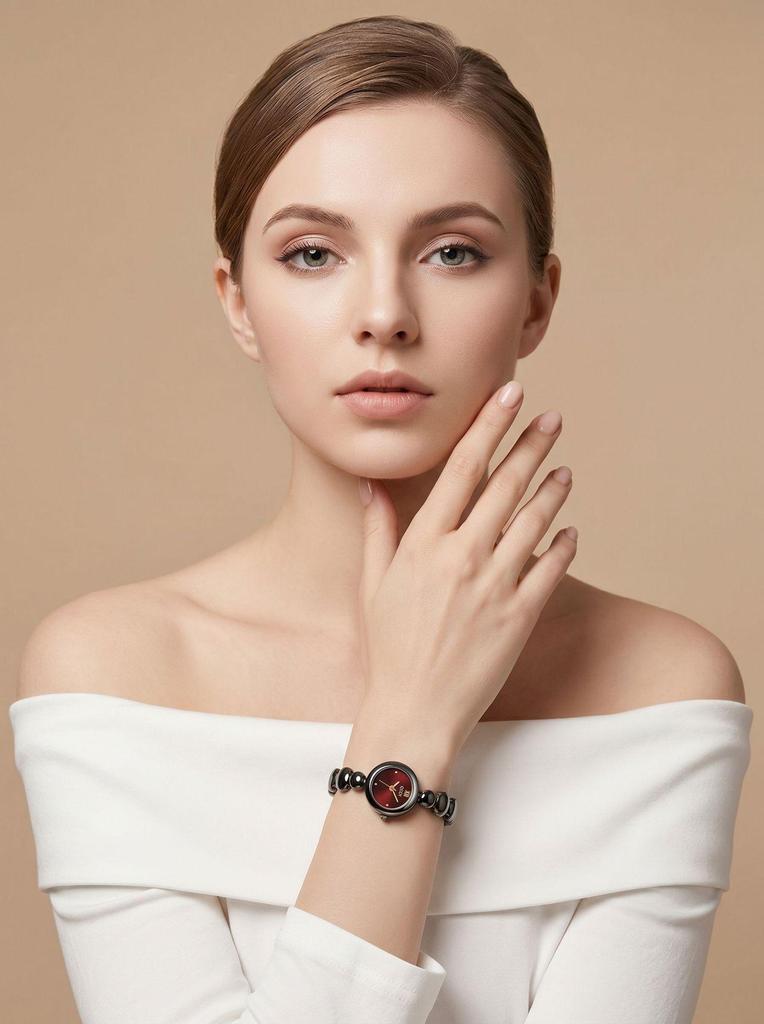 Gedi Women's Retro Waterproof Watch with Smooth Metal Beaded Strap and Exquisite Round Dial.