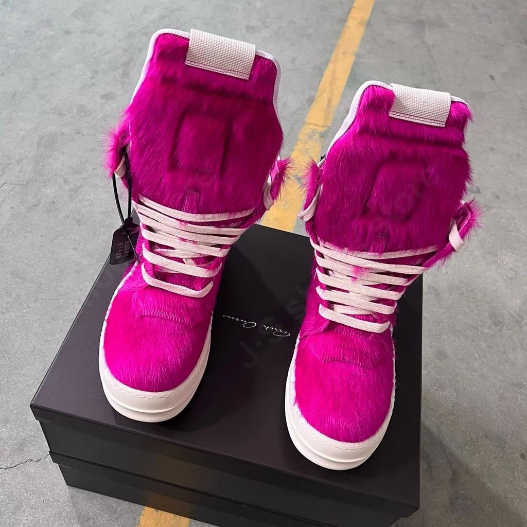 Ro Designer Boots Men Shoe Rose Pink Horse Hair Women High Top Shoes Sneaker Pink Horsehair White Leather Ankle Boot Sneakers