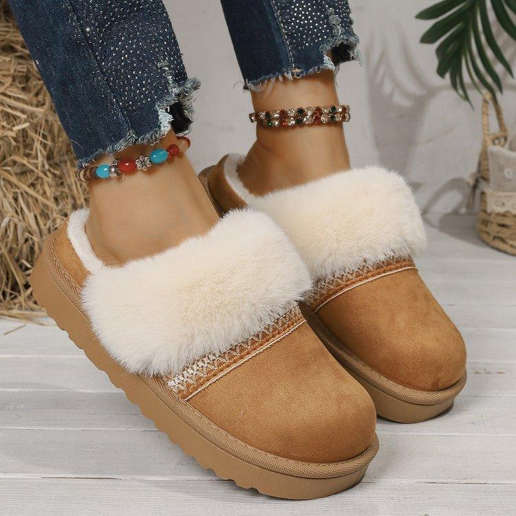 2025 New Snow Boots Women's Winter Fur Integrated Wool Mouth Velvet Thick Bottom Warm Outer Wear Bag Head Half Slippers