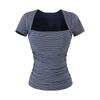 T-shirt da donna a maniche corte con scollo quadrato plissettato, nuova per l'estate, stile American Spice Girl, tinta unita, con tasca porta-coppette sul petto, top base a spalla