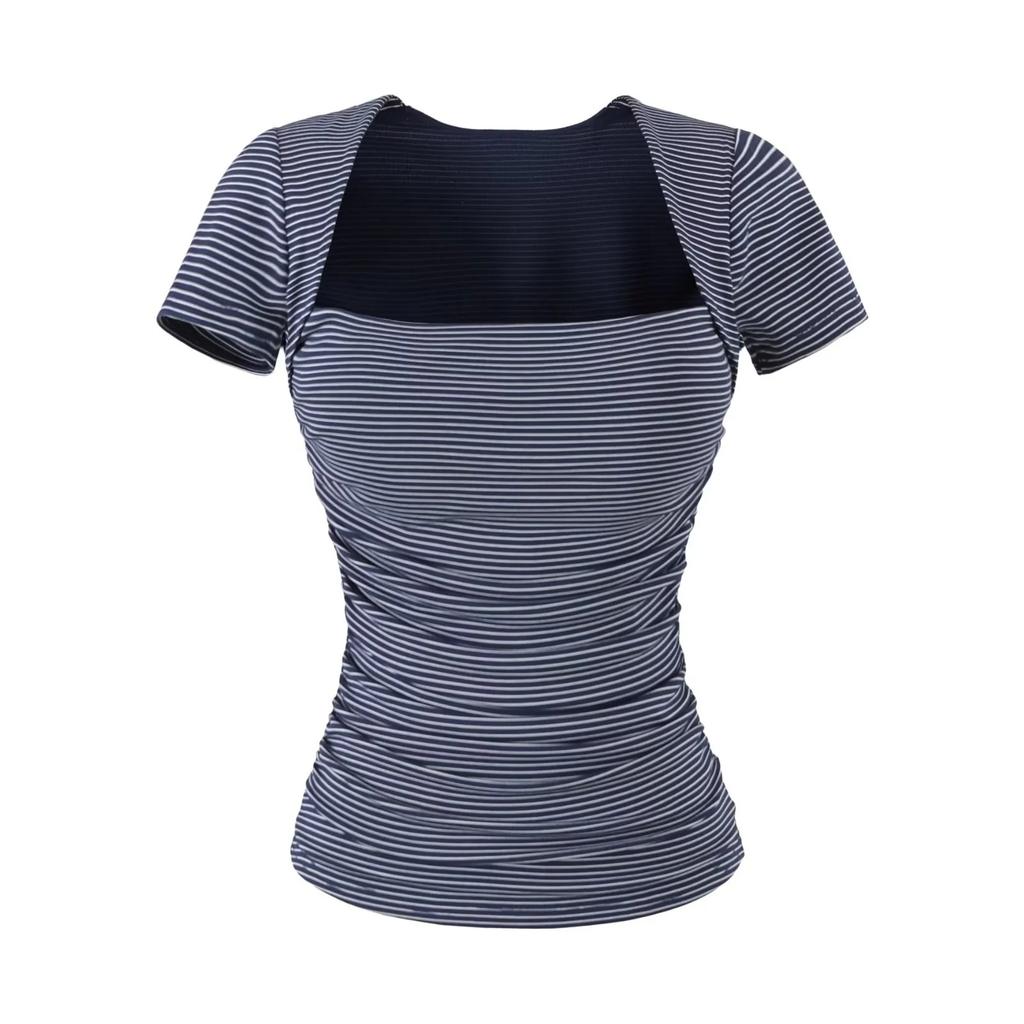 T-shirt da donna a maniche corte con scollo quadrato plissettato, nuova per l'estate, stile American Spice Girl, tinta unita, con tasca porta-coppette sul petto, top base a spalla