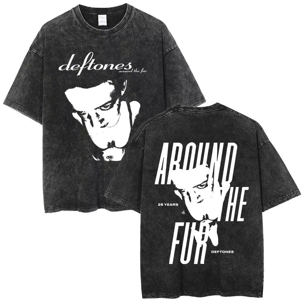 Washed Vintage Rock Band Deftones Cat Graphic Tshirts Men Alternative Heavy Metal Short Sleeve T Shirts Male Retro Streetwear
