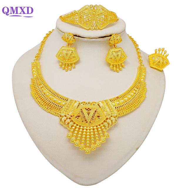 Seturi de bijuterii de culoare aurie Dubai pentru femei Cercei și colier indieni Nigeria Cadouri de nuntă de mireasă marocane