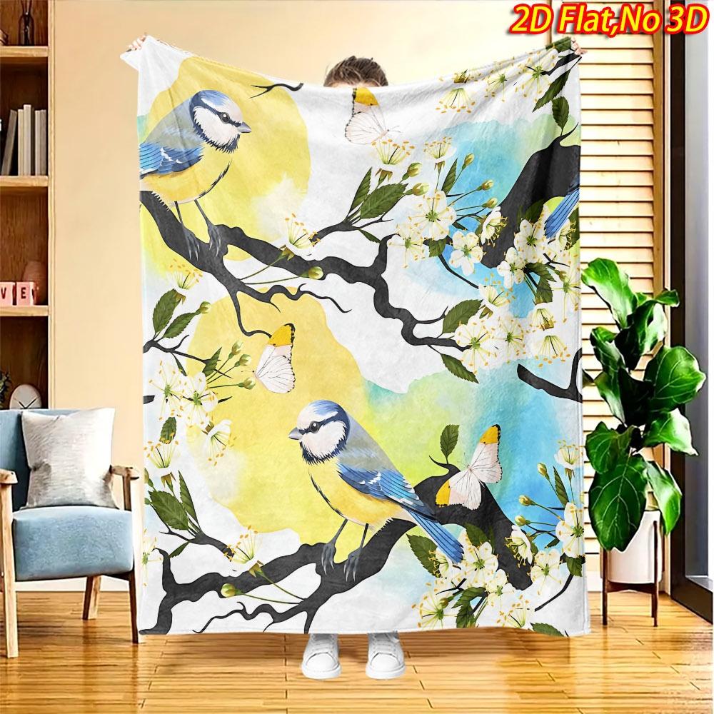 1pc 2D Flat Printing Spring And Summer New Arrival Branch Flower Bird Butterfly Theme Digital Print Blanket, All Seasons Universal, Casual Throw, 100%