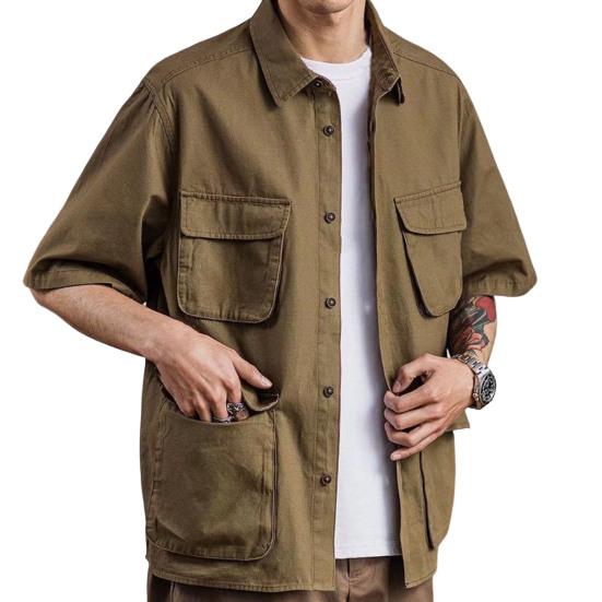 Men Summer Shirt Solid Color Multiple Pockets Lapel Single-breasted Cardigan Keep Trendy Casual Breathable Men Shirt for Work