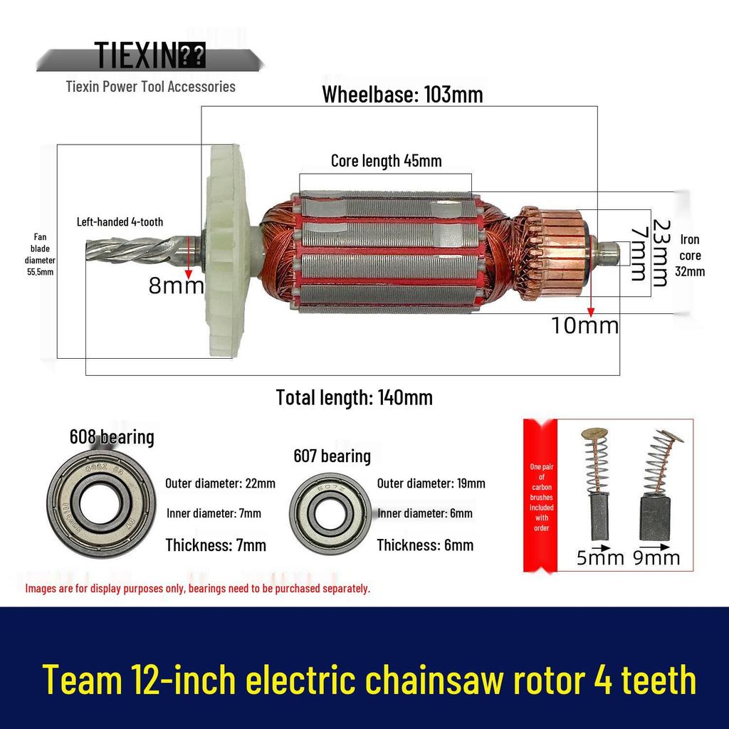 12-inch Electric Chainsaw 4-Tooth Rotor with Carbon Brushes, Compatible with 16-inch Chainsaw Motor, Part 04476.