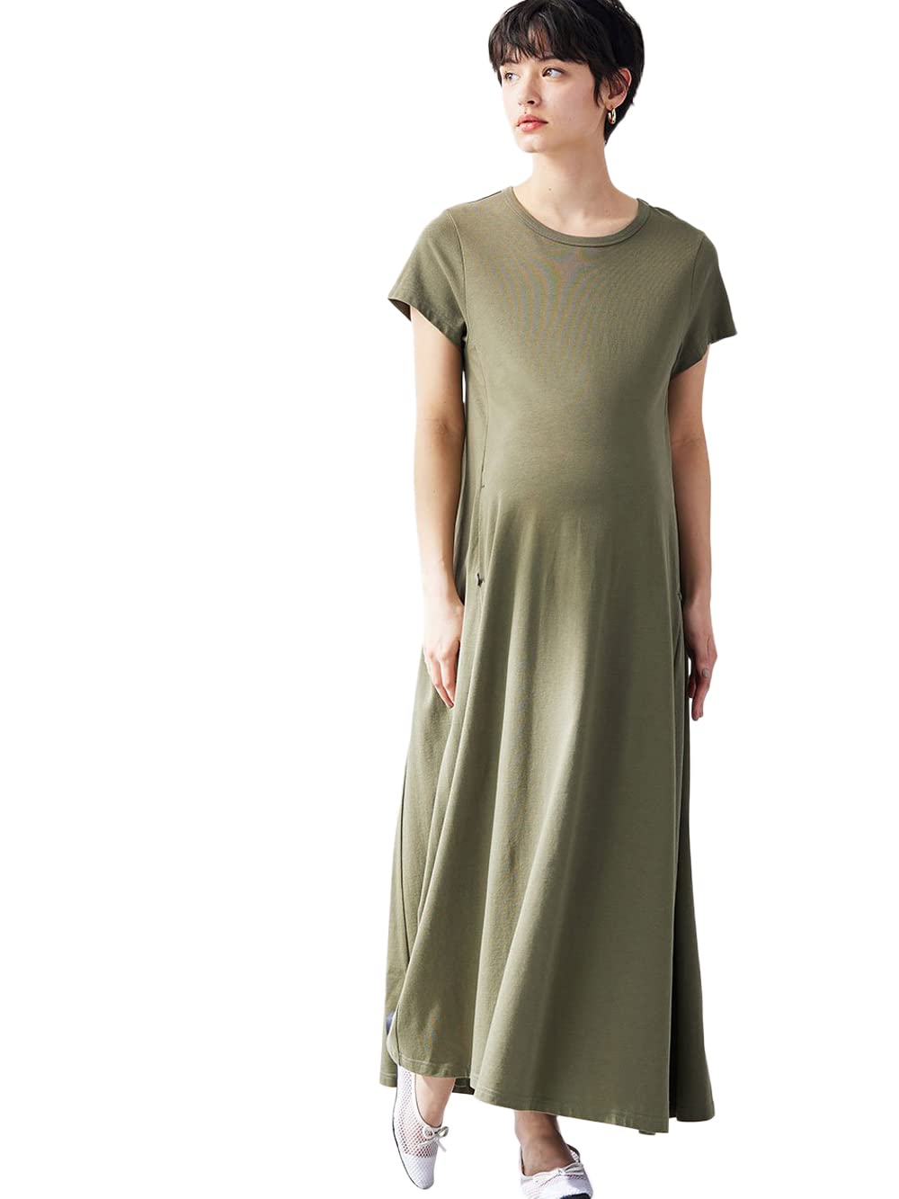 

Maternity Nursing Clothes Dress Short Sleeve Dress Long Length Simple Khaki 10175302 [ANGELIEBE] A-Line Prenatal/Postnatal M-L хакі
