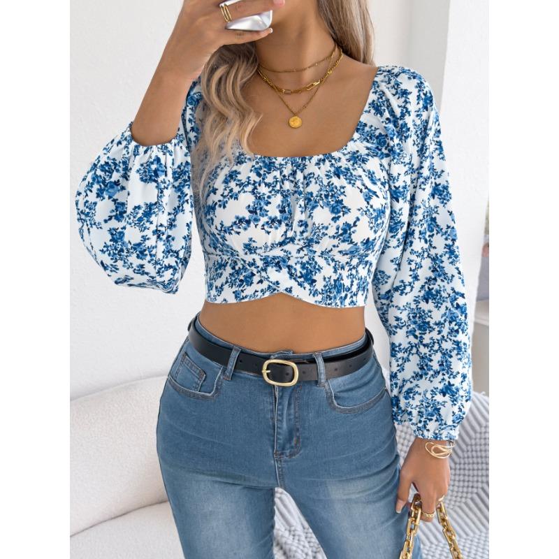 

Ранняя осень, цветочный, рукав-фонарик, завязка, приталенная талия, кроп-топ для женщин L синий