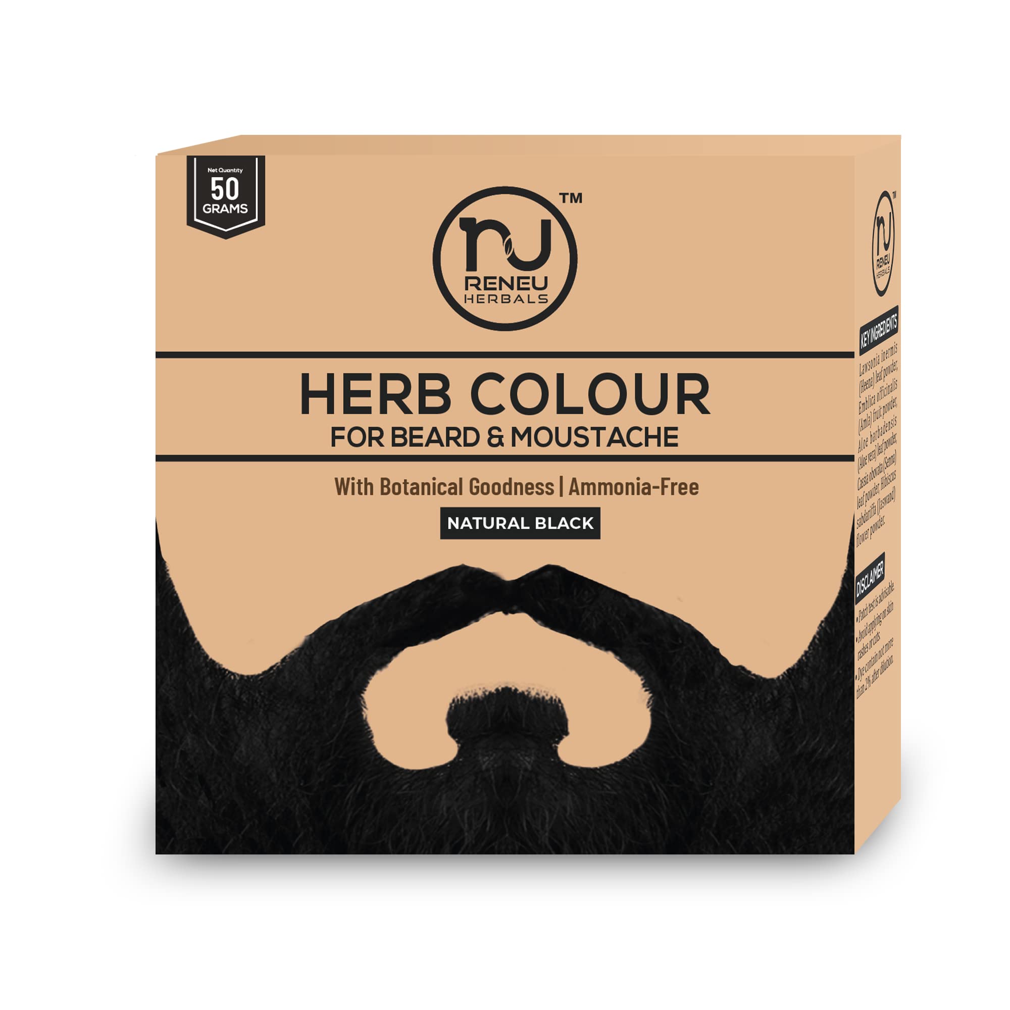 Reneu Herbals Травяная краска для волос бороды и усов | Краска для бороды для чувствительной кожи | Натуральный и органический цвет бороды для мужчин | Натуральный черный - 50 г