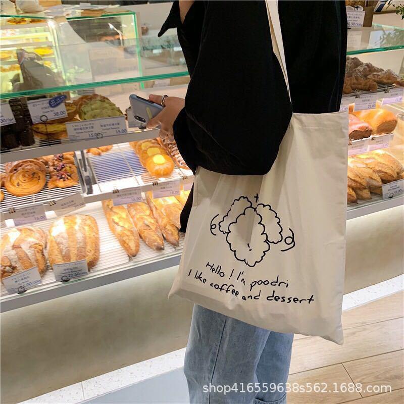 Korean Ins Niche Design Cute Cartoon Fun Pattern Thin Cotton Grey Cloth Bag Canvas Single Shoulder