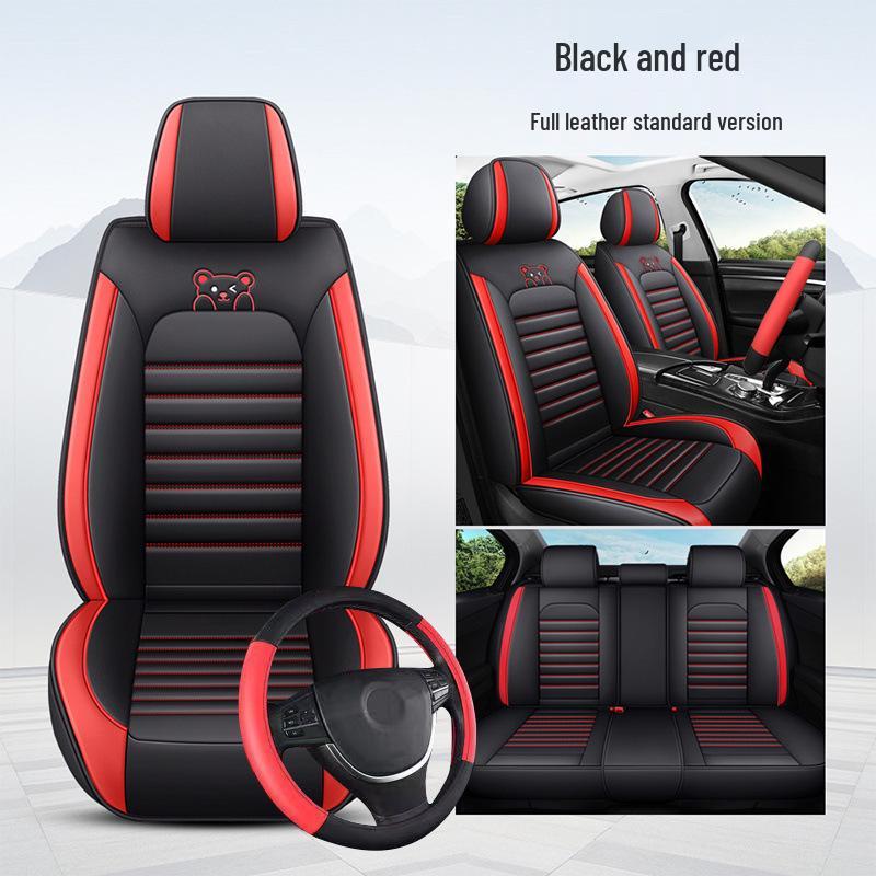 All-Season Full Surround Car Seat Cover Set - Leather & Ice Silk with Cartoon Design