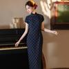 Plaid national style new Chinese long improved cheongsam 1011 new young women's high-end short sleeves daily summer