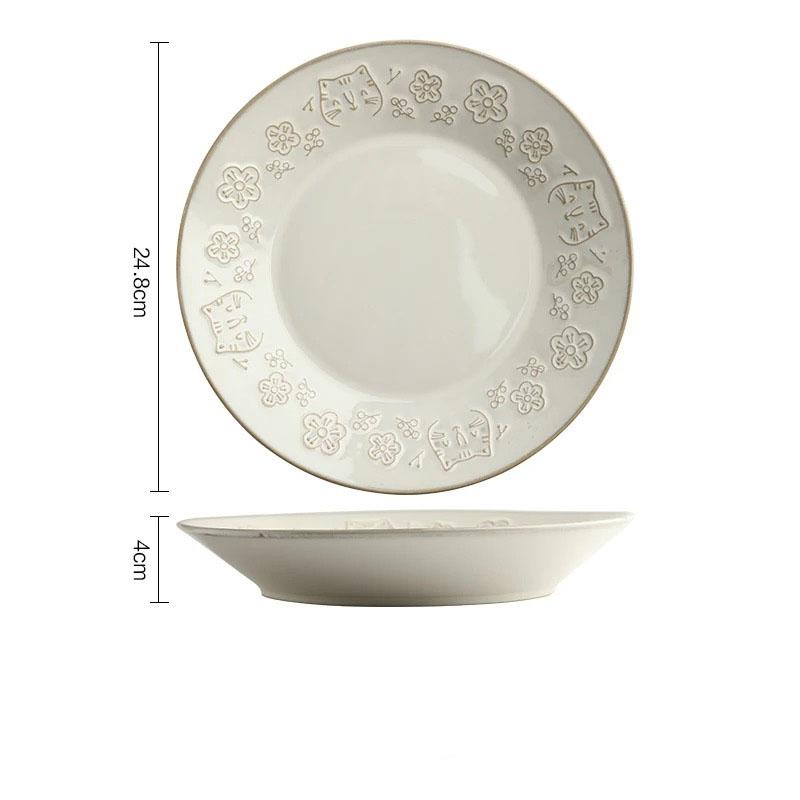 Creative White Glaze Japanese Embossed Cartoon Cute Cat Ceramic Tableware Home Kitchen Restaurant Supplies Fish dinner plates