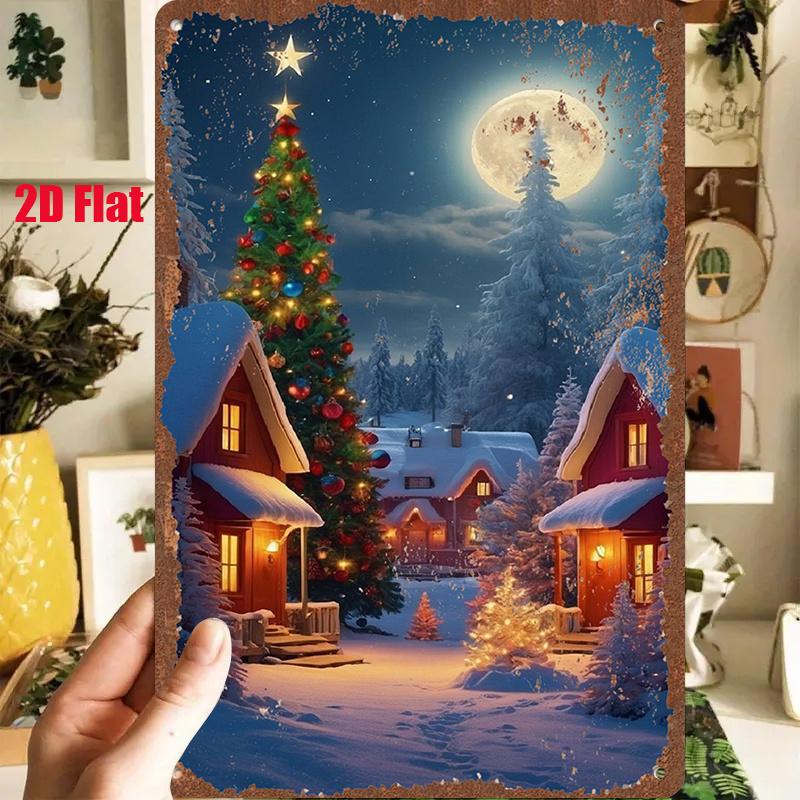 D Flat A Pc D Flat Metal Sign Measuring X Inches X Cm Depicting a Cozy Christmas Scene In a Snowy Winter Night