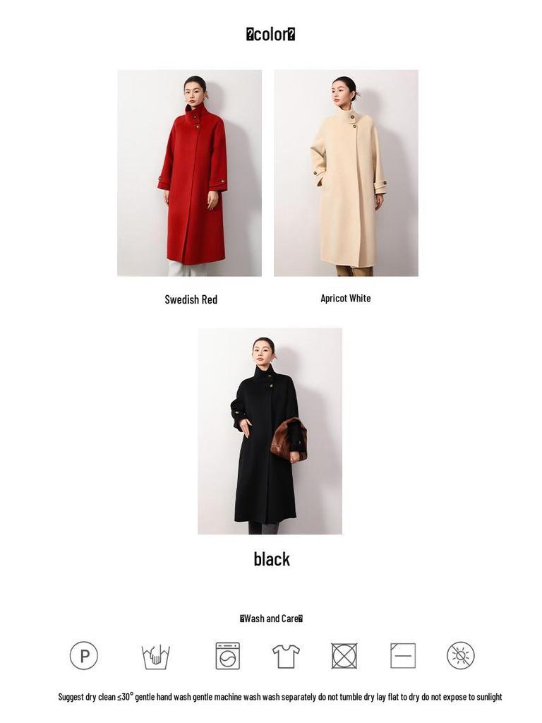 Double-Sided Cashmere Wool Coat, Women's 2024, 100% Wool, Stand Collar, Hepburn Style, Long and Loose Fit.