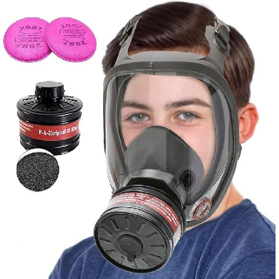 Full Face Respirator Reusable Gas Mask, Survival Nuclear and Chemical Gas Masks with 40mm Activated Carbon Filter in Vapor, Chemical, Gas, Paint