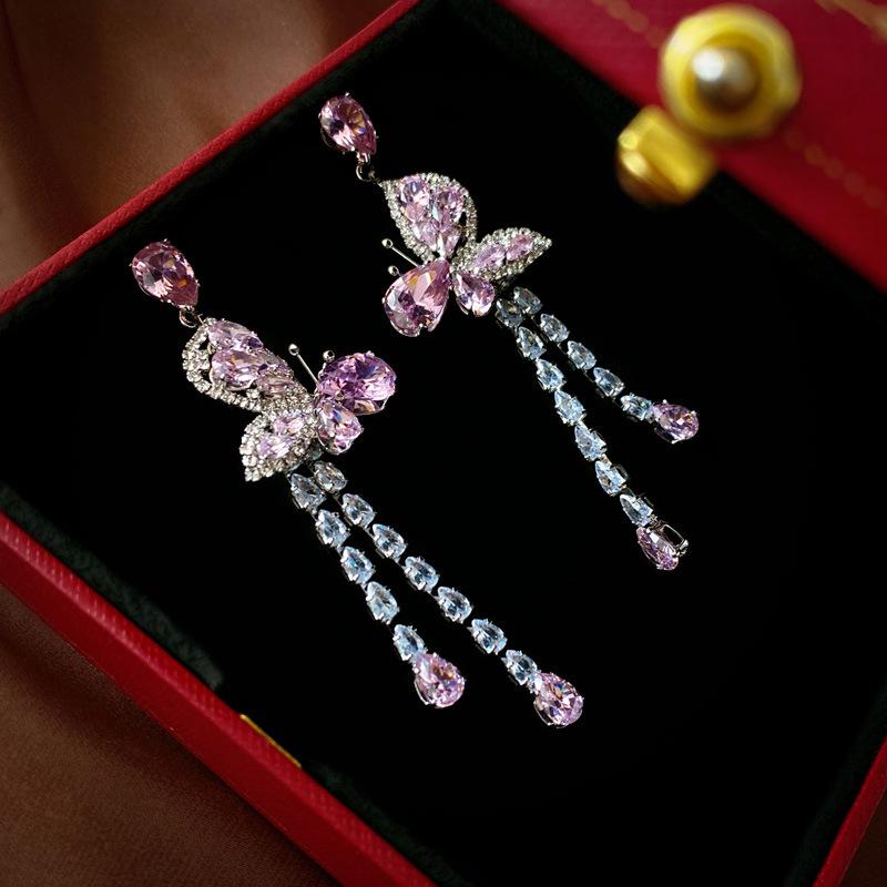 Elegant Zircon Butterfly Teardrop Tassel Silver Earrings - Light Luxury Style for Women