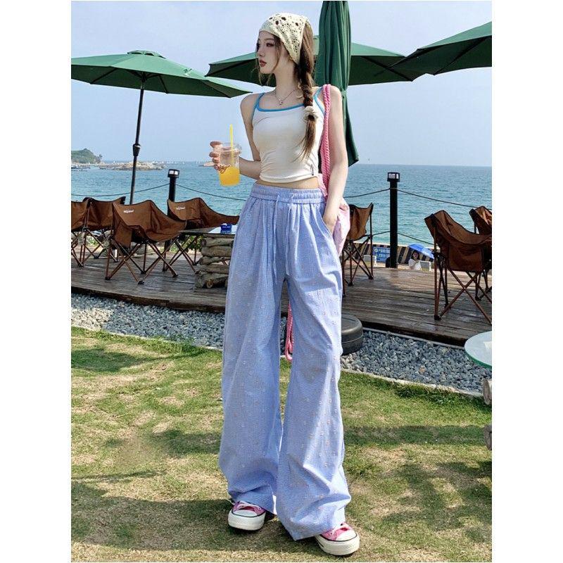 

Korean Style Women s Blue Striped High Waist Loose Wide-Leg Pants for Spring/Summer XL