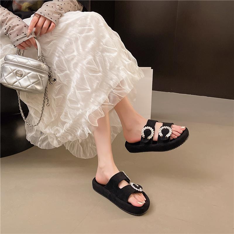 Fashion Crystal Metal Buckle Flip-Flops Women's Fashion Round Toe Open Toe Flannelette Slip Strap Soft Sole Non-Slip Plus Size Flats