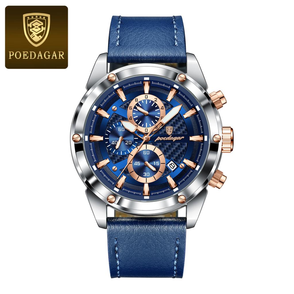 POEDAGAR Business Man Watch Waterproof Luminous Chronograph Date Original Watches for Men Leather Luxury Quartz Wristwatch