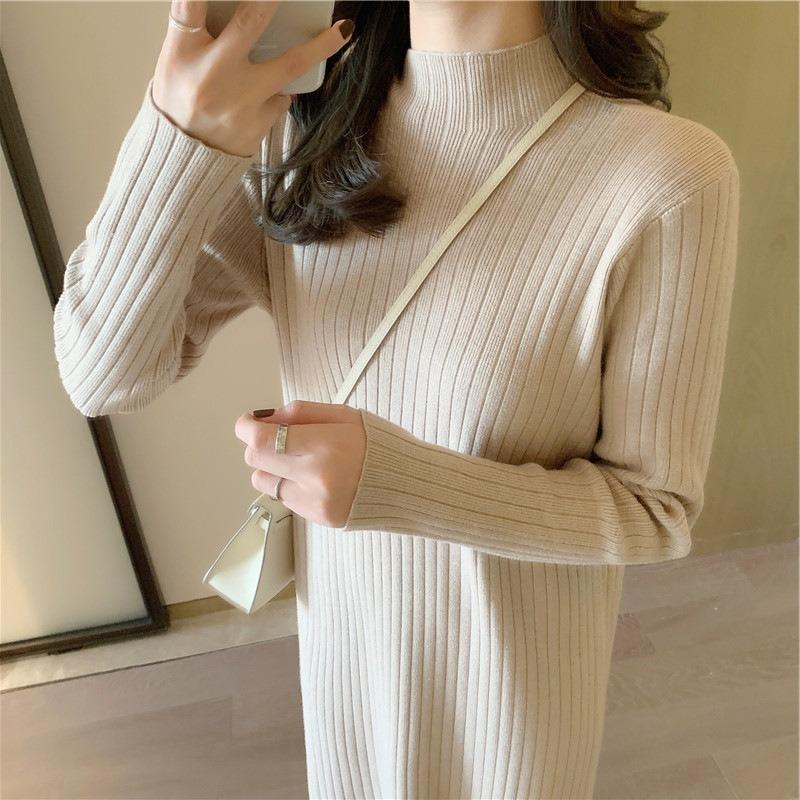 Retro black knitted dress temperament slim and thin half turtleneck sweater skirt base long skirt spring