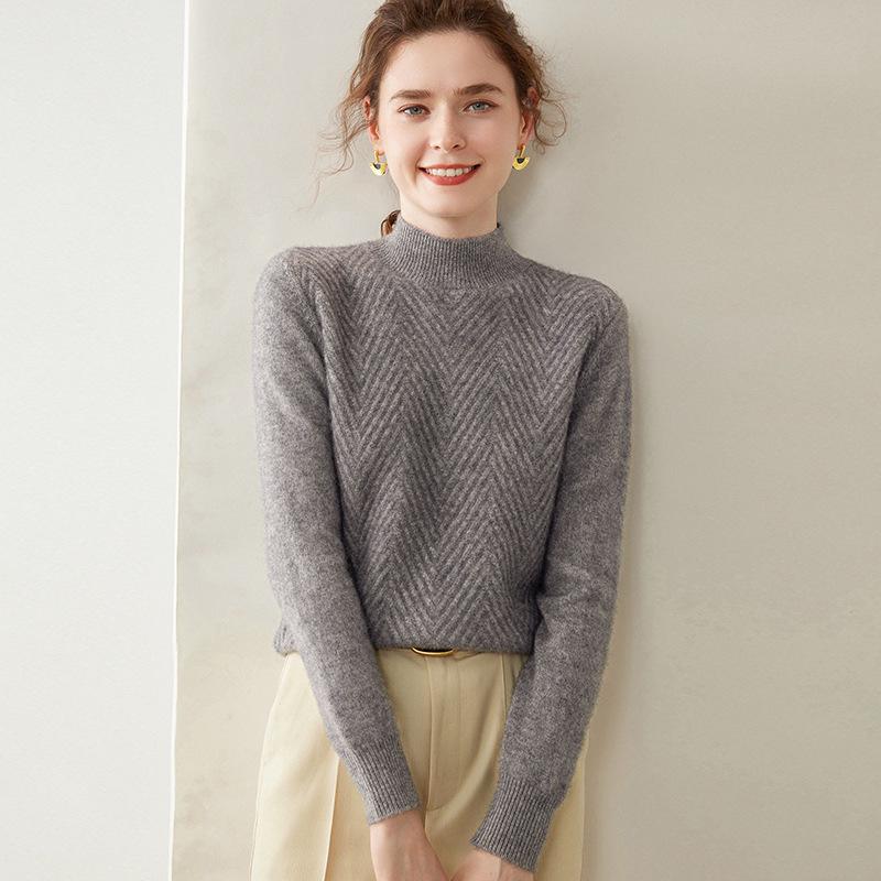 Women's Twist Pattern Cashmere Sweater - Half-High Collar, Knitted Pullover for Autumn/Winter, Loose Fit, Solid Color, Versatile Base Layer.