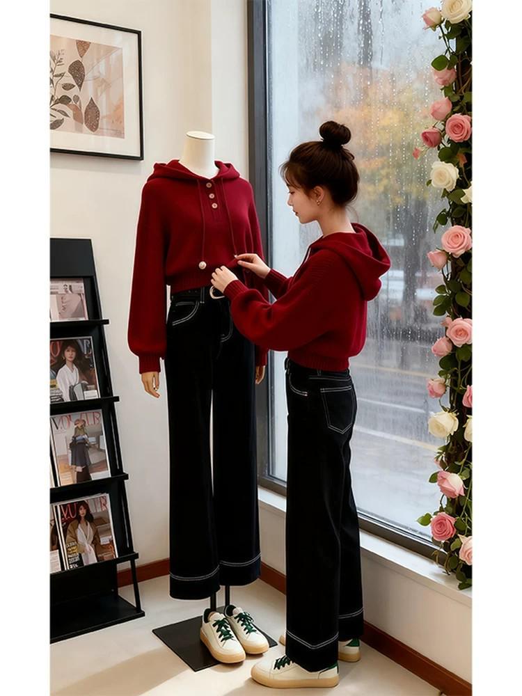 

2026 Women s Stylish Red Sweatsuit Set: Hooded Sweatshirt, Knit Jacket, Straight-Leg Jeans XXL