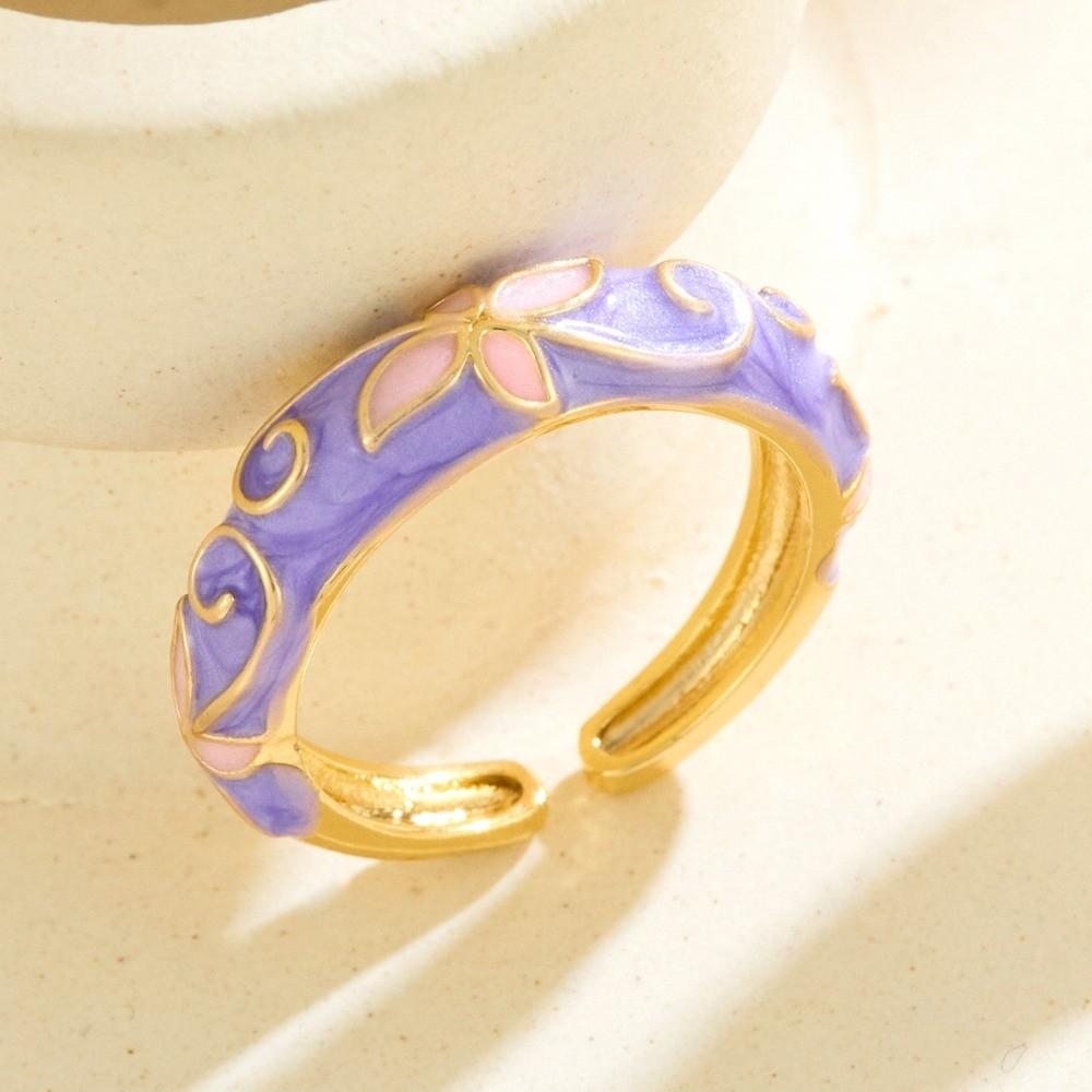 Colorful Oil-Drop Enamel Ring Versatile Drip Glazing Ring Vintage Flower Open Ring  Wedding