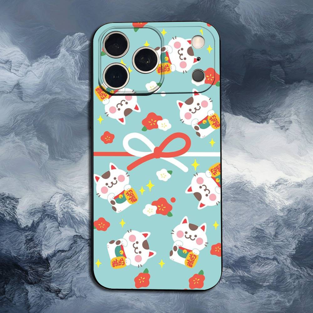Cartoon Lucky Cat Phone For iPhone 13,12,15,14,11,16,17,Plus,Pro Max,XS,X,XR,SE,Mini,8,7,Soft Silicone Black